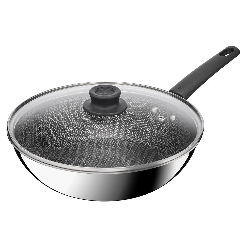 báo giá chảo xào inox chống dính liền khối Tefal POWER E3411655 28cm vân thép có nắp