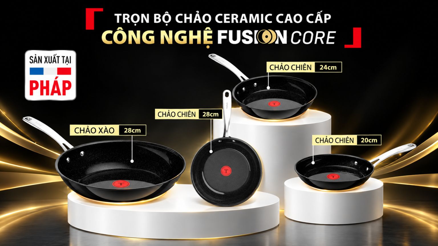 Chảo xào ceramic cao cấp Tefal EXCELLENCE+ CERAMIC G2151902, 28cm, Fusion Core, cán inox